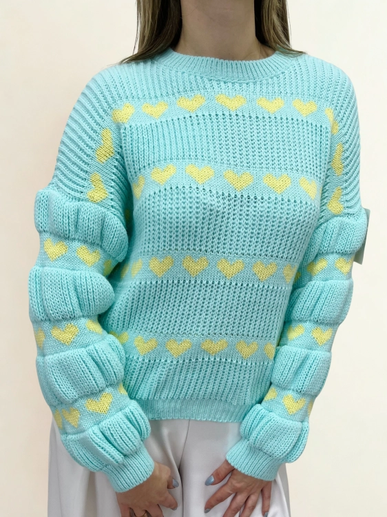 Sweter turkusowy w serduszka żółte bufiaste rękawy wiosenny_5.png